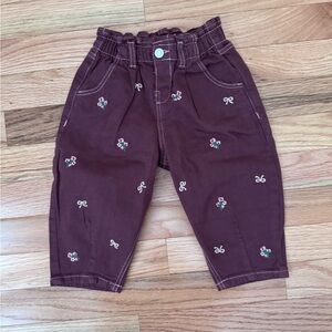 Zara Kids' Burgundy Embroidered Floral Pull-On Pants
